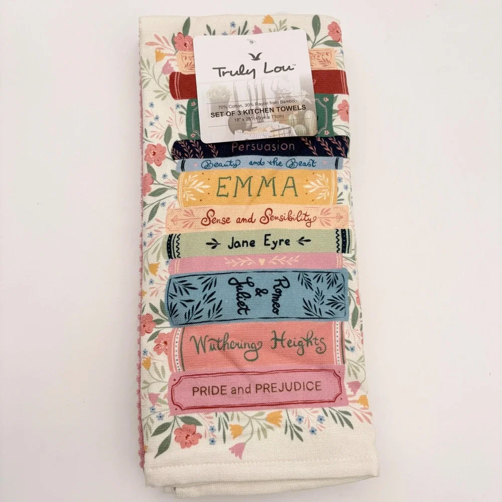 Truly Lou Literary Classics Book Stack Kitchen Towels Set of 3 Pink Bibliophile